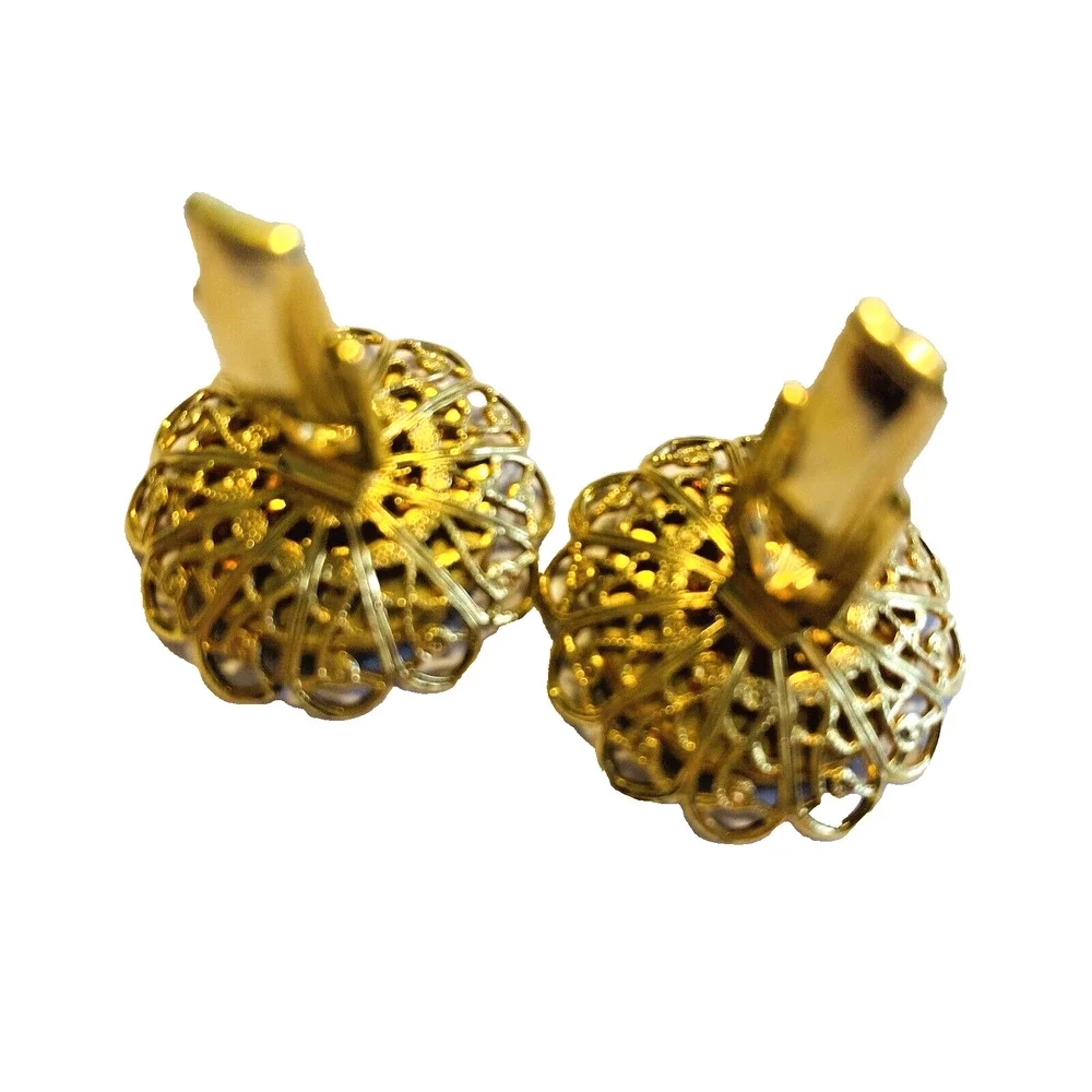 Vintage Mid Century Cufflinks Blue Enamel Rounds Gold Tone Filigree Surround